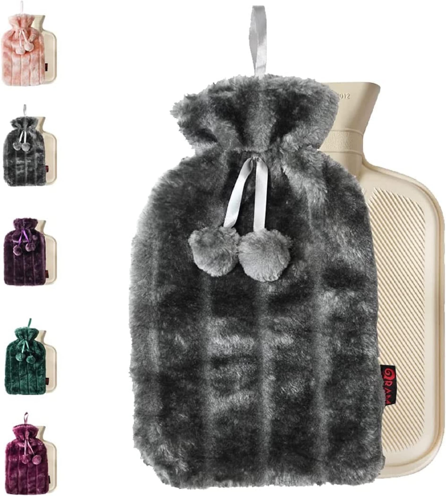 RAM Online ARMA Cosy 2 Litre Large Hot Water Bottle with Faux Fur Cover and Pom Poms Charcoal, Grey, 2 g, 85