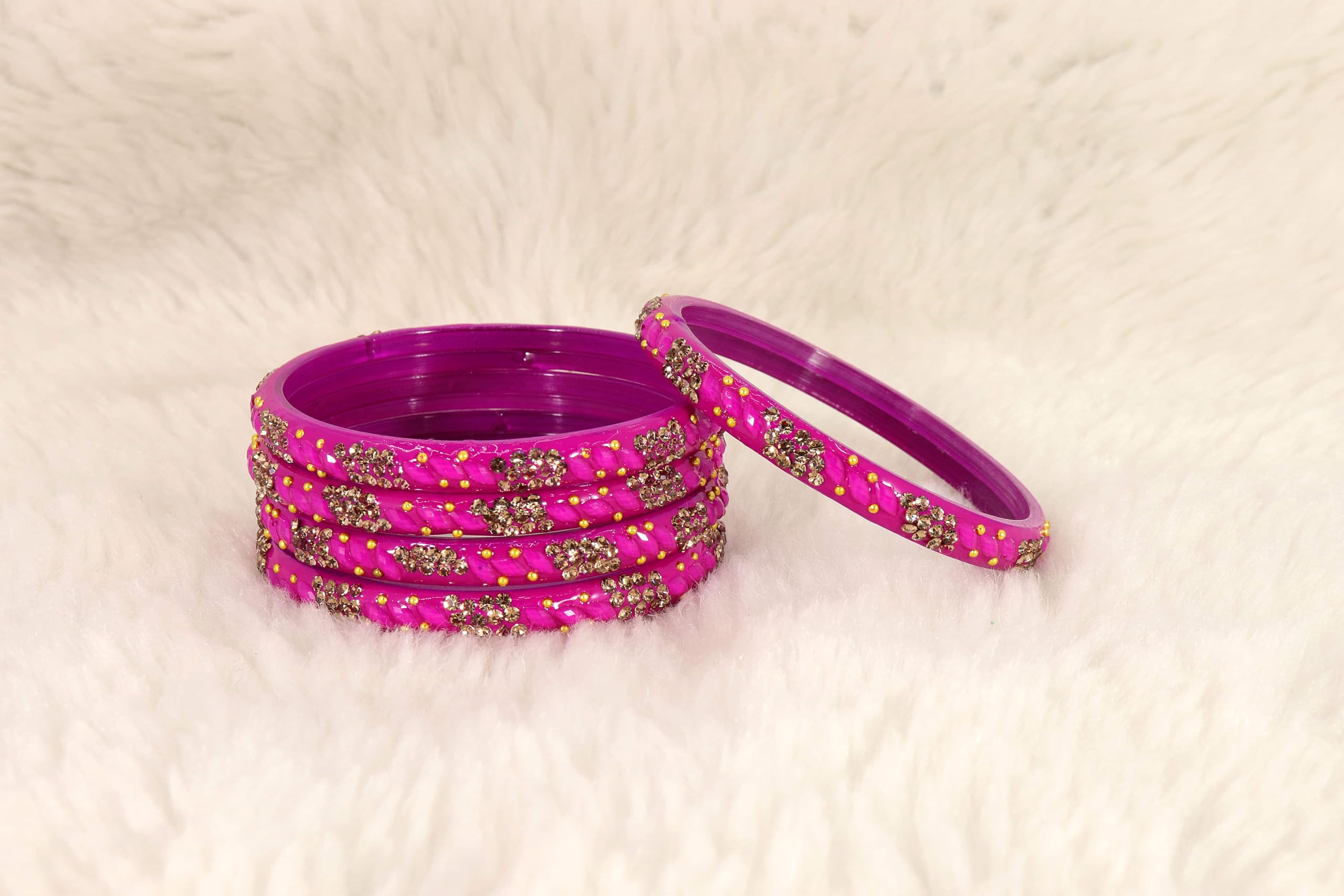 LAVAZZA Designer Glass Bangles Set with Golden Zircon Diamond Stone & Beads Studded For Women & Girls | Women's Glass Bangles 2.6 | kanch ke kade design | glass bangles kada-(KashmaKash-Magenta-2.6) 2