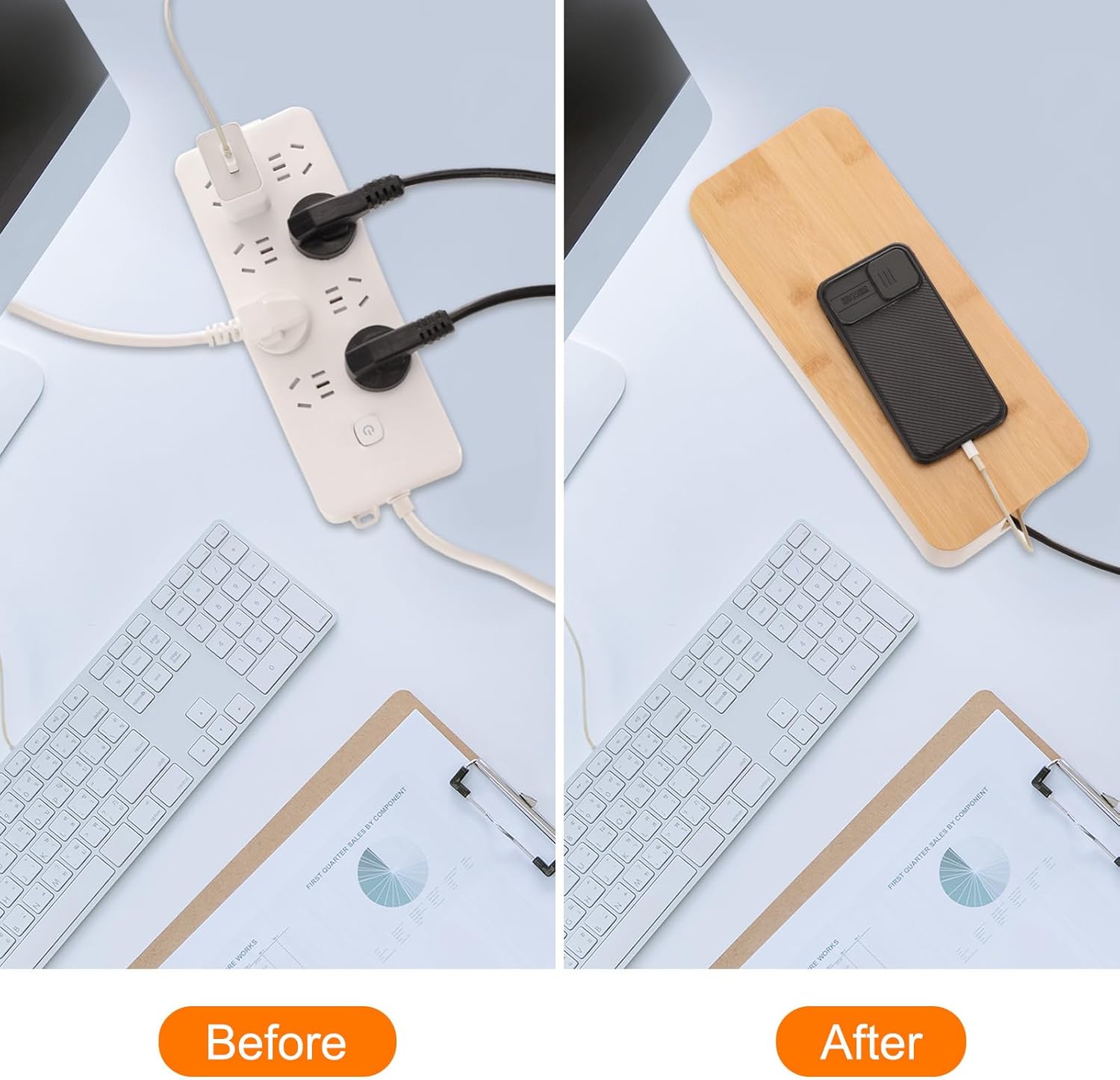 HARFINGTON Cable Management Box, Cord Organizer with Nylon Cable Reusable Ties for Home Office Desk, TV Computer Router Wires, Power Strips Hiding, White, Wooden Lid, M