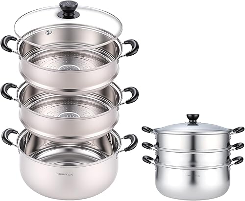 Olla de vapor de acero inoxidable de 3 niveles de 24 cuartos de galón con tapa de vidrio, utensilios de cocina apilables multicapa para tamales