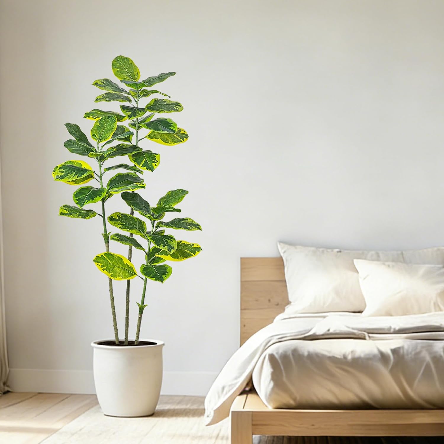 Ficus Tree Artificial Plants Indoor, 5FT Tall Fake Trees in White Pot, Large Potted Silk Floor Plant Artificial Trees, Green Lifelike Faux Ficus Tree for Home Room Office Porch Decor-Yellow
