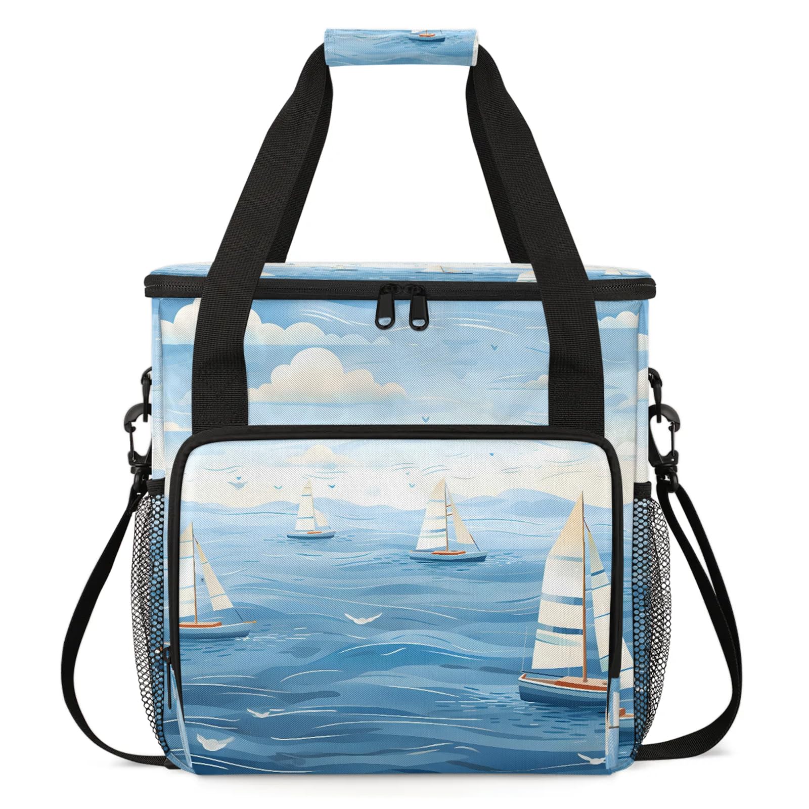 Adornori Ocean Sailboat Coffee Maker Carring Bag, Large Insulated Storage Organizer Case Tote Bags with Shoulder Strap for Travel Work Picnic