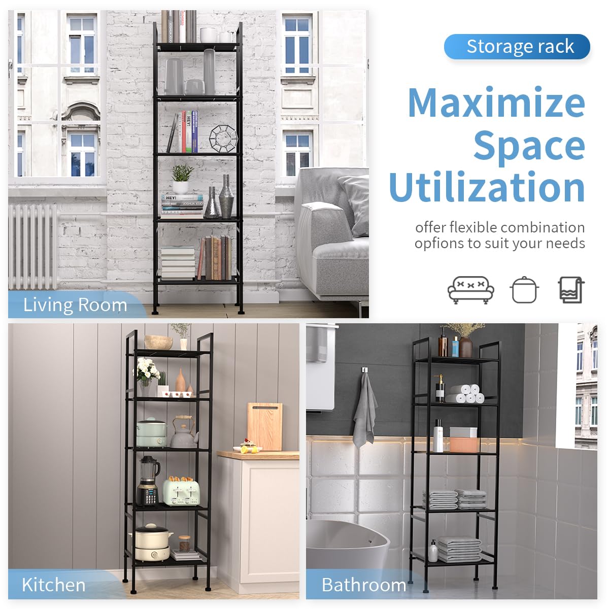 SUNLPH Scaffale a 5 ripiani in filo metallico, regolabile, per lavanderia, bagno, cucina, dispensa, armadio (nero, 42,9 x 31 x 135,6 cm (lunghezza x larghezza x altezza)