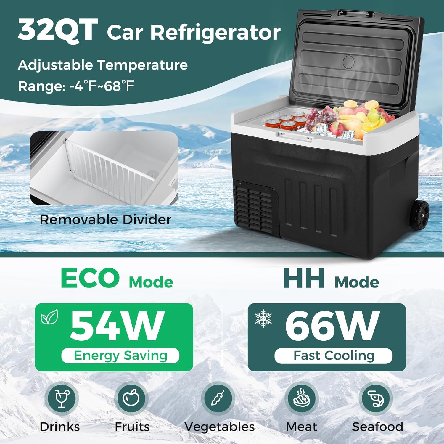 Image showing the 32-quart COSTWAY Car Refrigerator with adjustable temperature range from -4°F to 68°F, highlighting ECO and HH modes, and a removable divider.