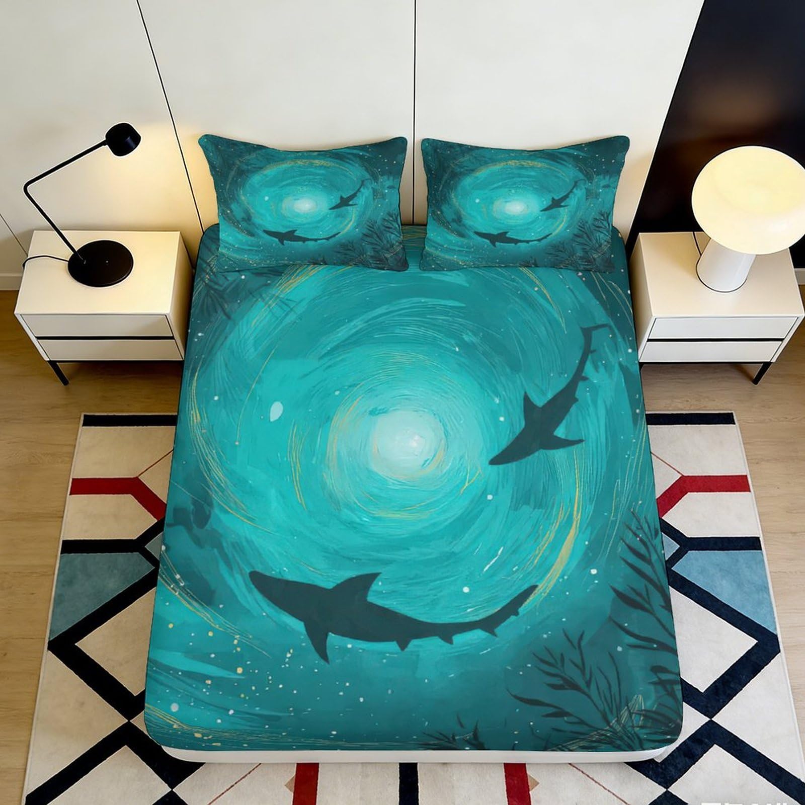 Pnayamiorkfel Style-2 3D Printed Ocean Shark Fitted Sheet Microfiber Soft Teal Blue Swirl Mattress Cover For Bedroom Dorm Bed Decor 90X200x25cm