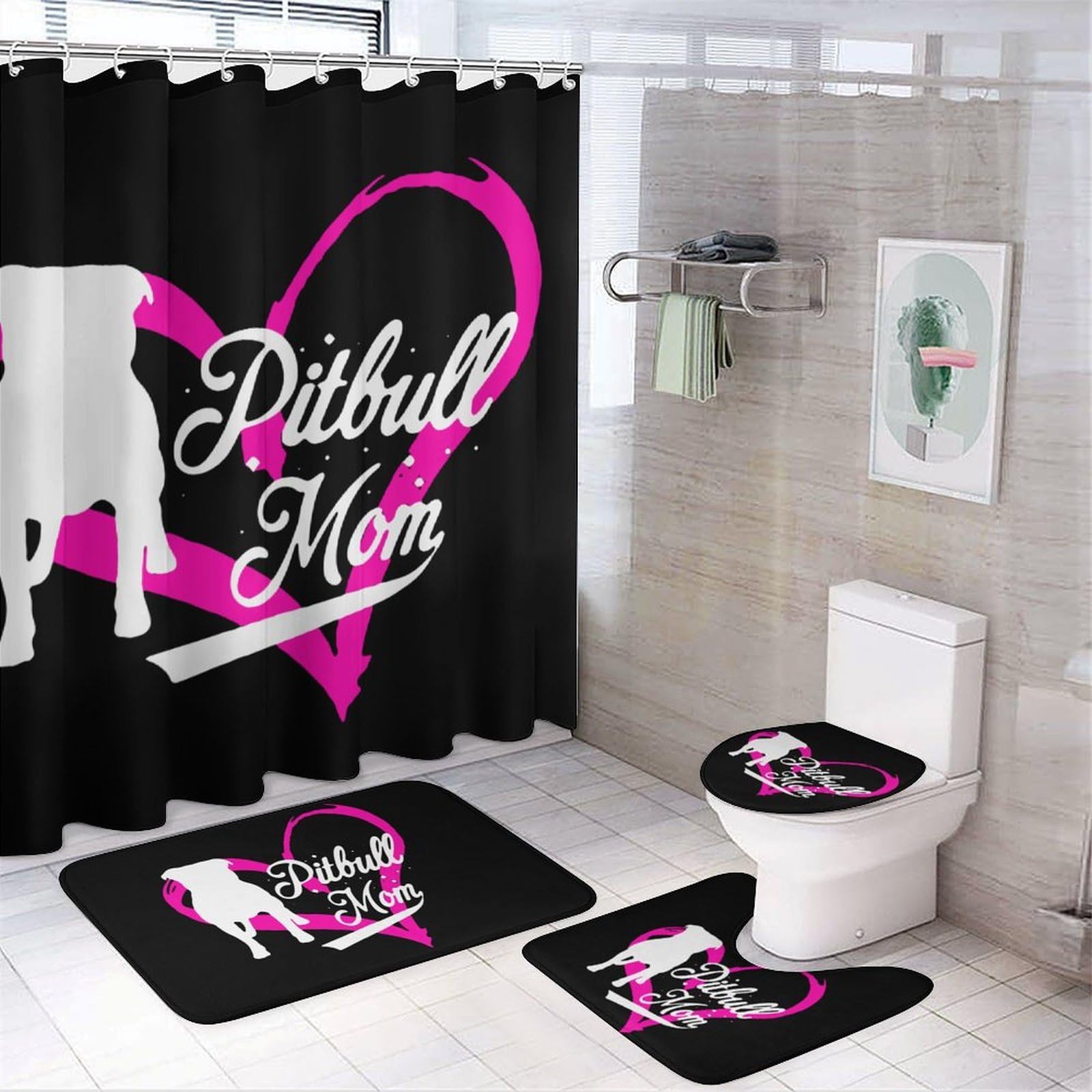 CGSBNGHA Proud Pitbulls-Mom Shower Curtain Set 4 Piece Bathroom Sets with Rugs Toilet Lid Cover And U-Shaped Floor Mat