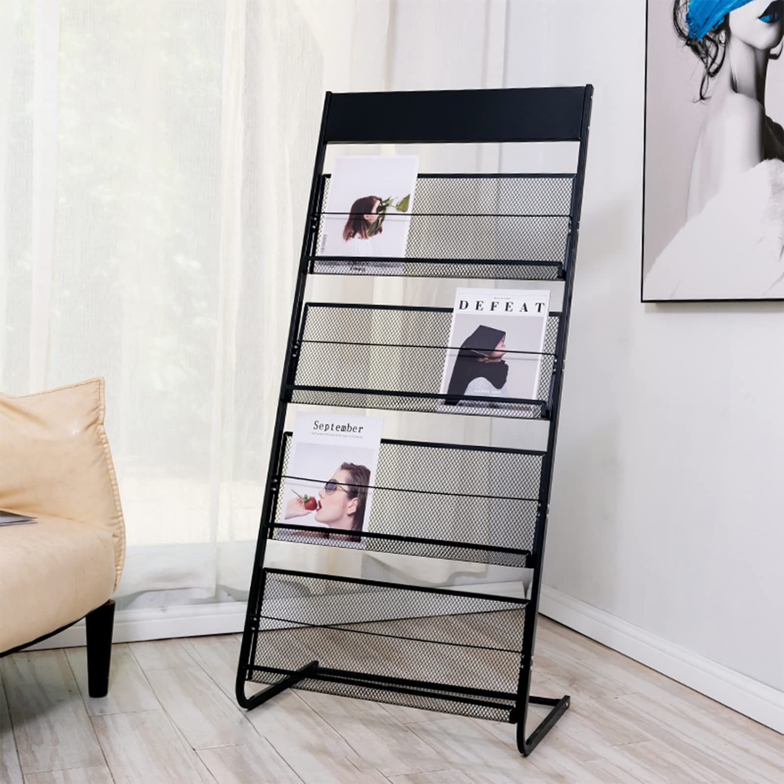MTSON Prospektständer 54 "Black Magazine Rack Floor, Metall Display Rack Literature Broschüre Magazin Stand, Katalog -Signierständer für Empfangsbereiche, Einfach Zusammengebaut