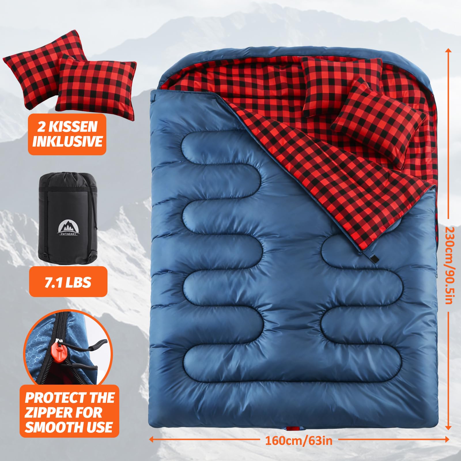 SWTMERRY Camping Doppelschlafsack für Erwachsene - Schlafsack 2 Personen, 230x160cm Deckenschlafsäcke mit 2 Kissen für Familie Outdoor, Wandern, Reisen