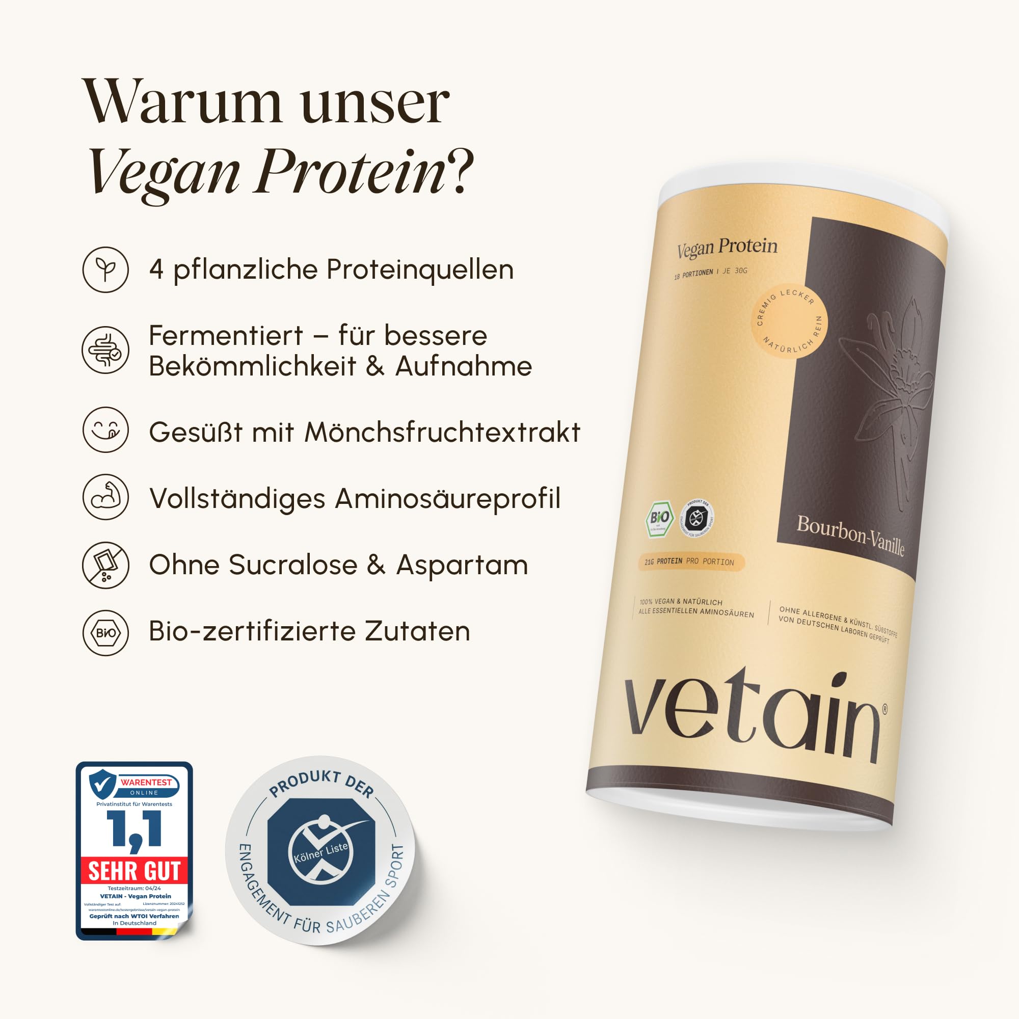 VETAIN Veganes Proteinpulver Set - Vanille & Kakao - 21g Eiweiß - Ohne künstliche Süßungsmittel - Bio Protein Pulver - 4 Proteinquellen fermentiert Erbsen - Mit EAA & BCAA - 1080g - NEUE REZEPTUR