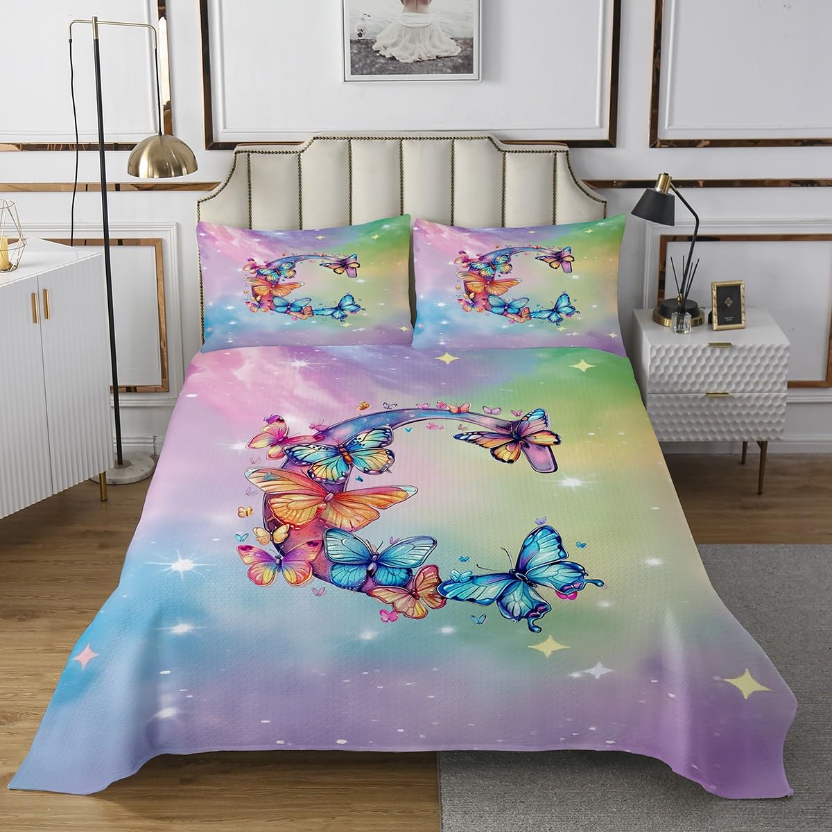Castle Fairy Butterfly Letter C Bedspread Twin Size 2 Pcs,Garden Wild Butterflies Romantic Bedding Sets for Kids Girls Teens,Stars Colorful Tie Dye Decor Coverlet Set with 1 Pillowcase