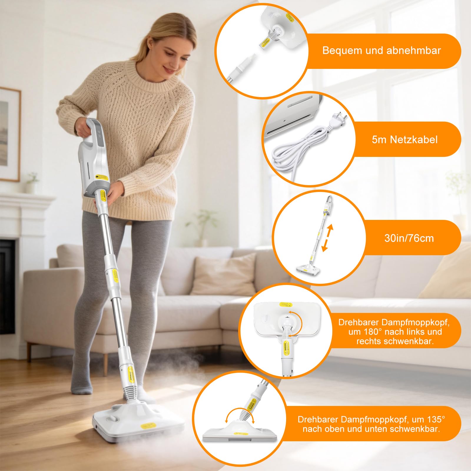 Limpiador a Vapor 1500W de Mano con Depósito Extraíble, Mopa de Vapor Multifuncional con Accesorios, Limpiador de Vapor de 500 ml para Suelos, Alfombras, Azulejos y Cocina