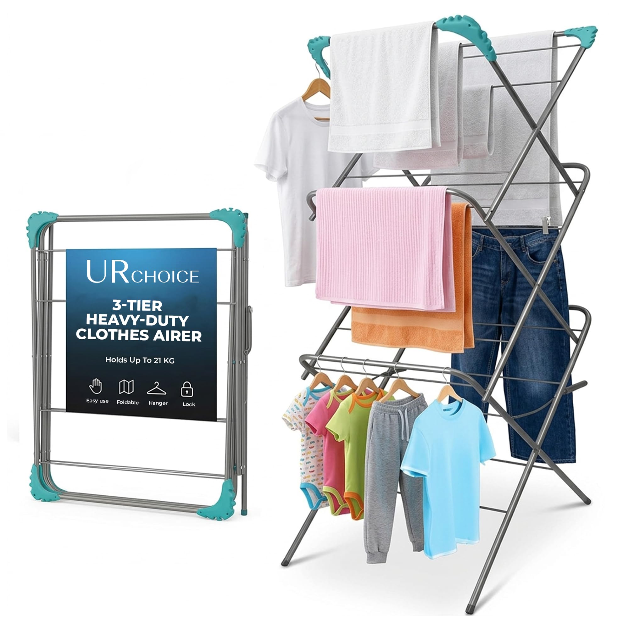Ur Choice Silver 3-Tier Foldable Clothes Airer – Drying Rack With 20 Free Pegs | Space-Saving Clothes Horse Laundry Stand For Indoor & Outdoor Use | Portable Clothes Dryer & Washing Line Organiser