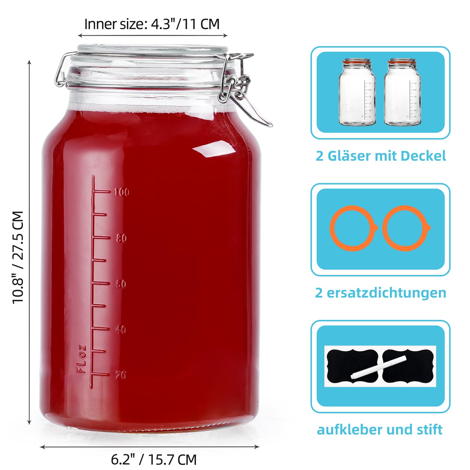 Absovetu 2er Set Rund Einmachgläser mit Bügelverschluss 4 Liter - Drahtbügel-Vorratsgläser mit Deckel Luftdicht Fermentierglas für Gewürzgläser Kimchi Spaghetti Mehl Sauerteig Aufbewahrung
