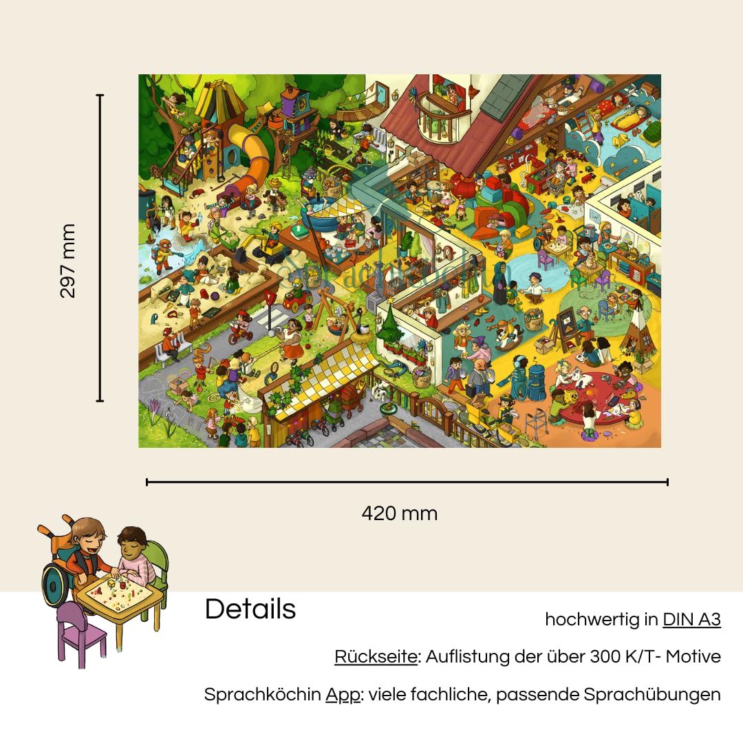 für Kinder 'Logopädie Spiele Sprachförderung Kindergarten' Hochwertig Illustriert [analog+digital nutzbar] Interaktiv wähle Dein Lieblingsmotiv (Motiv: Kindergarten - Laute: K+T)