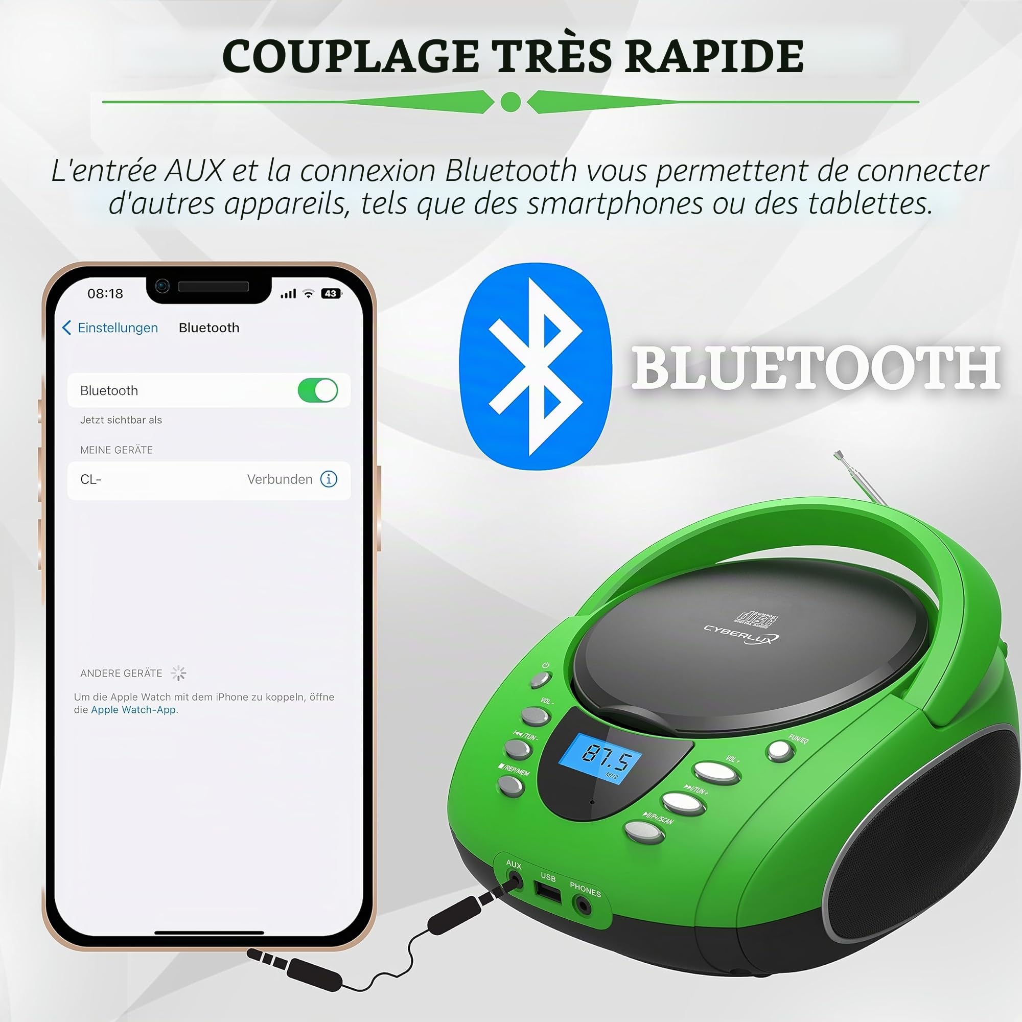 Boombox Portable CD/CD-R USB FM Radio Entrée AUX Casque Lecteur CD Enfant Chaîne Stéréo Système Compact (Golo Green)