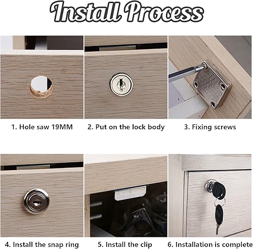 Miniatura 6 de BokWin Cerradura de cajón de gabinete de 2 piezas, para buzón y escritorio (aleación de zinc, negro, diámetro del agujero de 0.748 in, 4 llaves)