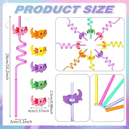 Miniatura 3 de Uiifan 30 pajitas de ajolote de plástico para fiestas, suministros de fiesta de ajolote giratorio con 2 cepillos de limpieza, popotes reutilizables