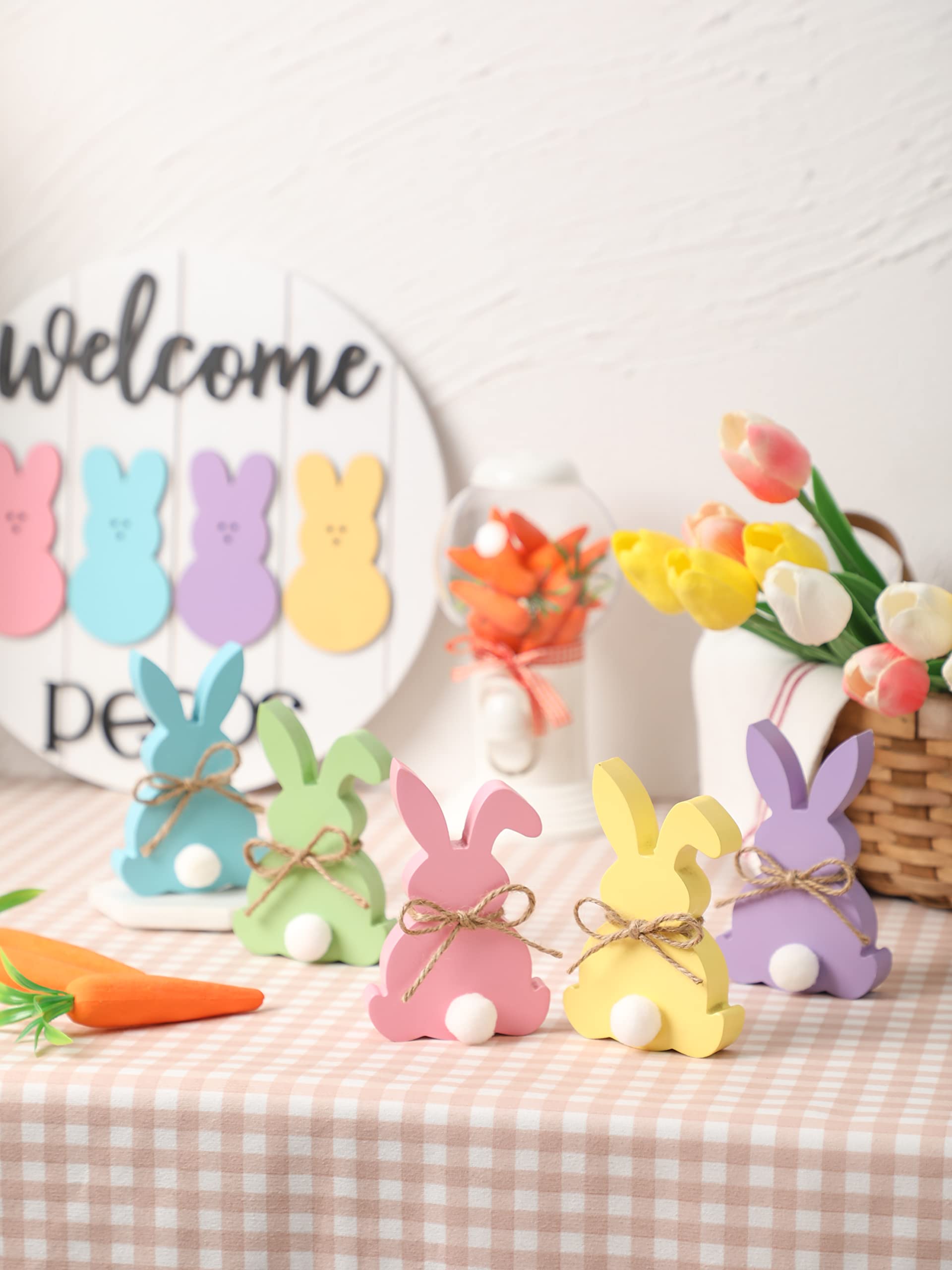 5 letreros de madera de conejo de Pascua para decoración de mesa de Pascua con forma de conejo
