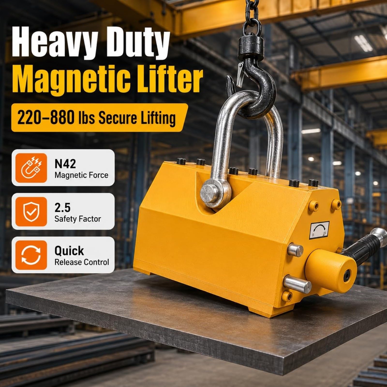 Sollevatore Magnetico Permanente For Carichi Pesanti Con Sgancio Rapido, Magnete Di Sollevamento Con Capacità Di 220-1320 Libbre For Piastra In Acciaio, Barra Tonda E Gru Da Negozio(220lbs/100KG)