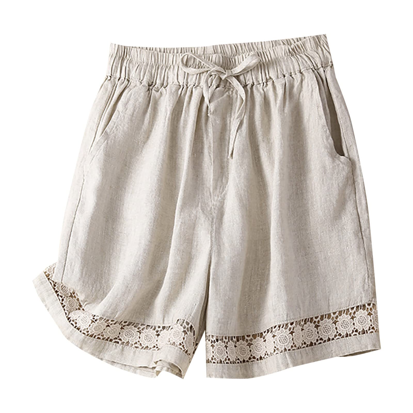 RLEHJN Short Femme En Coton Et Lin Bermuda Femme Taille Élastique Shorts Avec Cordon De Serrage Short Décontracté Femmes Pour Yoga Jogging Avec Poches Jogging Pantalon Court De Sport En Lin