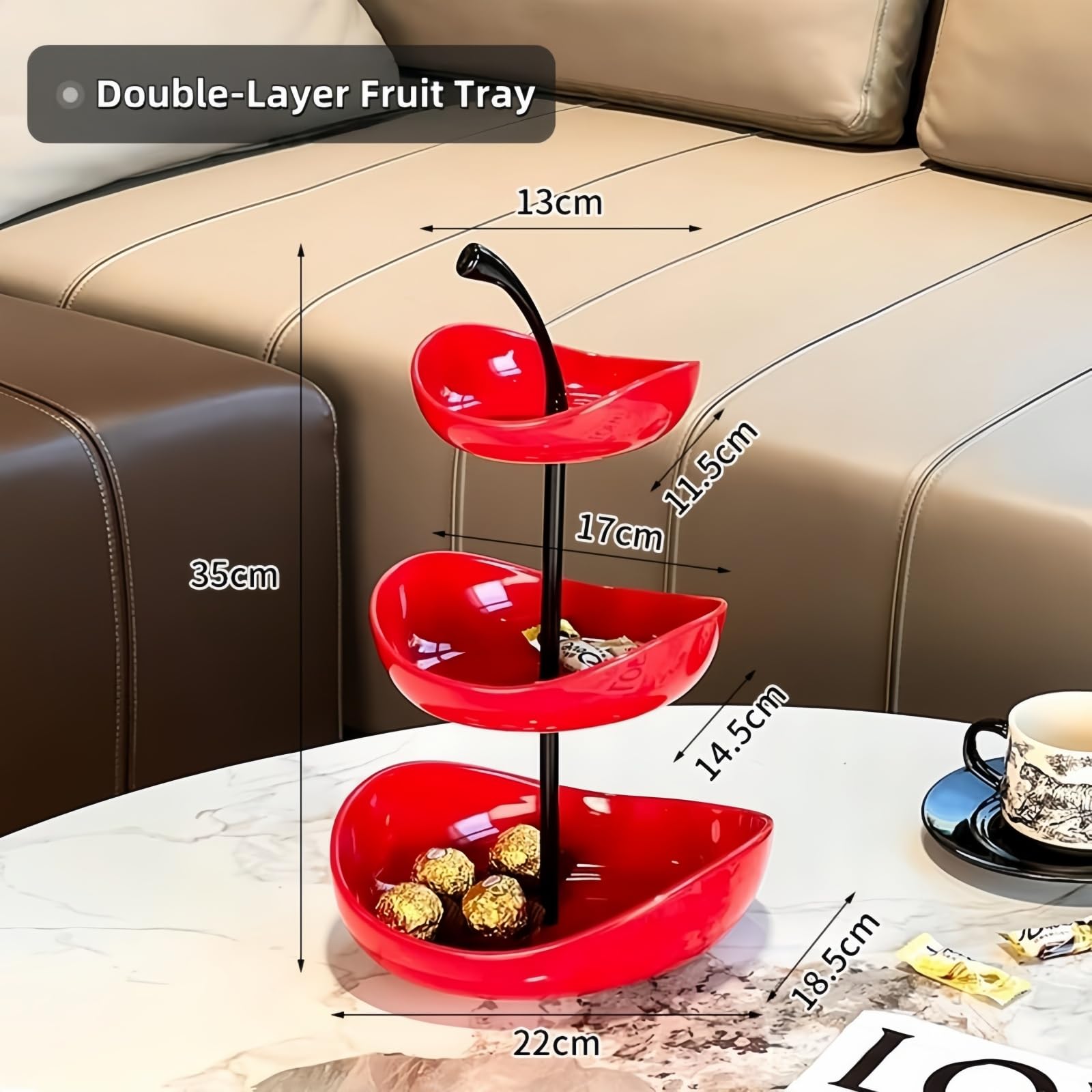 Vassoio per frutta a doppio strato Ciotola per frutta in ceramica a 3 livelli Ciotole da portata in ceramica multistrato con supporto in metallo, vassoio da portata,Rosso,3 Tier