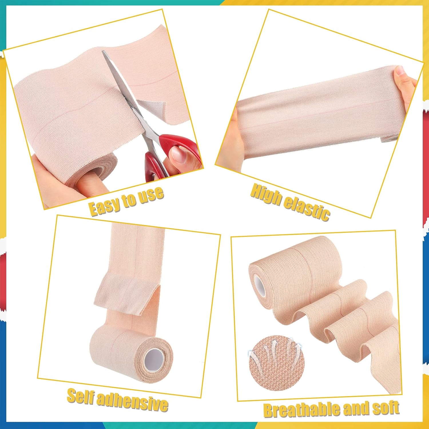 4 Rolls Elastic Tape Adhesive Elastic Tape Self Adhesive Bandage Wrap Flexible Stretch Bandages for Sports Ankle, Knee and Wrist Sprains Animal Pets, 5 Yard (4 Inch in Width)
