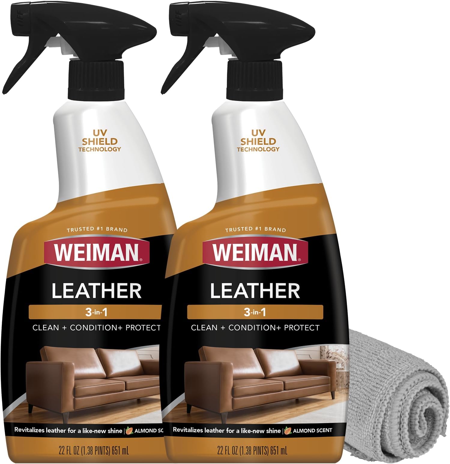 Weiman Leather Cleaner & Conditioner - Cleans, Restores & Protects Leather, UV Protection Prevent Cracking & Fading, For Car Seats, Sofas, Shoes, Bags & All Finished Leather Surfaces, 2 Pack, 22 FL Oz