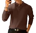 KAJARU Men's Ribbed Knit Polo T-Shirt, Long Sleeve (in, Alpha, XL, Coffee)