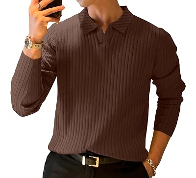 KAJARU Men's Ribbed Knit Polo T-Shirt, Long Sleeve (in, Alpha, M, Coffee)