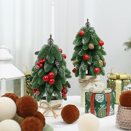 Miniatura 6 de 2 piezas de árbol de Navidad pequeño, piñas rojas artificiales, mini decoración de árbol de Navidad de mesa, para bodas, vacaciones, decoración de