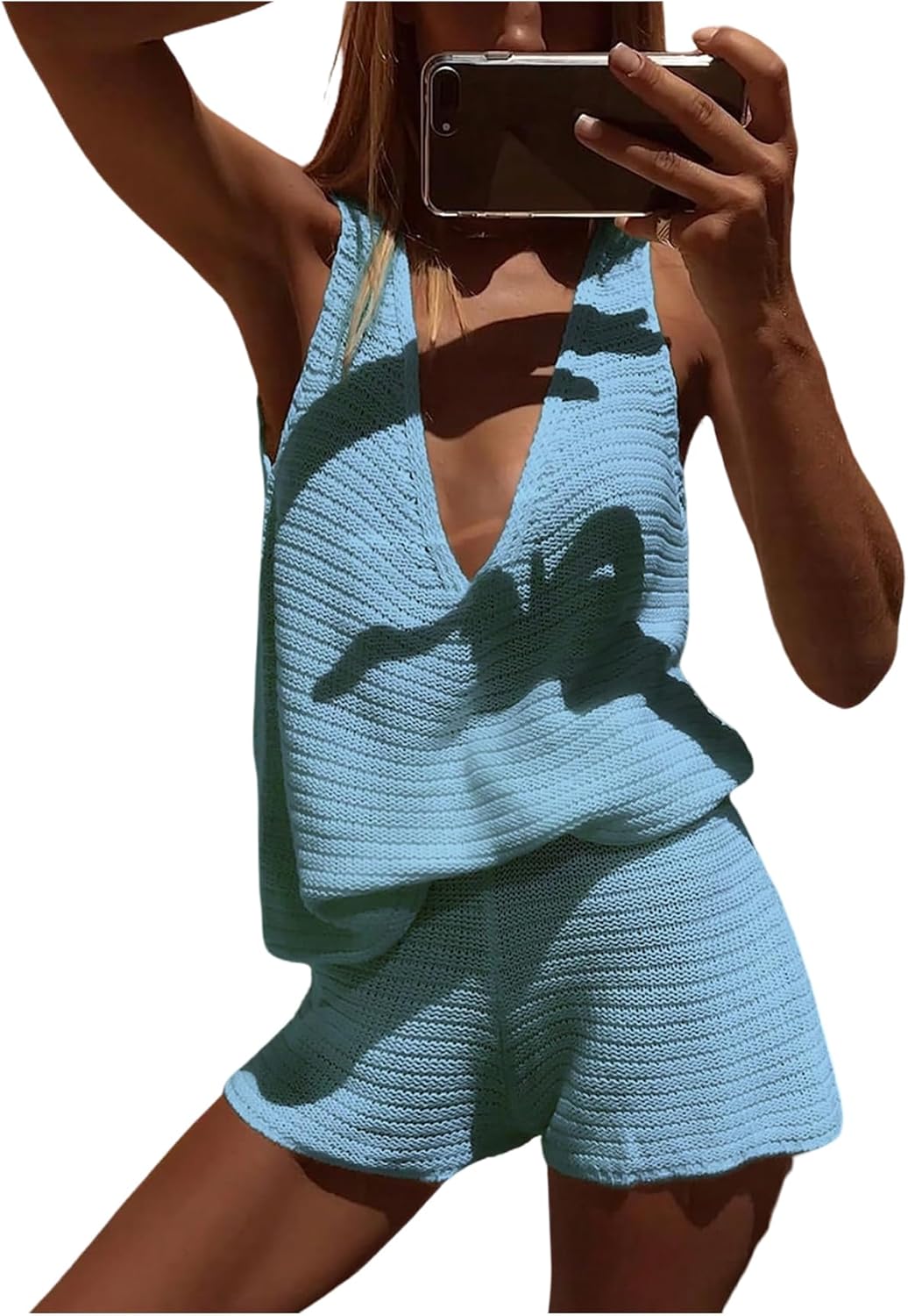 MakeMeChic Women's Summer 2 Piece Sets Deep V Neck Knit Tank Tops Mini Shorts Set Beach Vacation Outfits