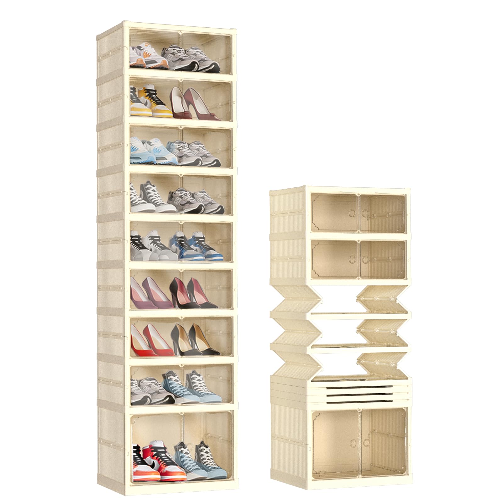 GCCSJ 9-Tier 18 Pairs Foldable Shoe Rack Organizer, Plastic Collapsible Shoe Shelf, Folding Shoe Box Storage Cabinet with Magnetic Clear Door Easy Assembly for Entryway, Bedroom, Living Room