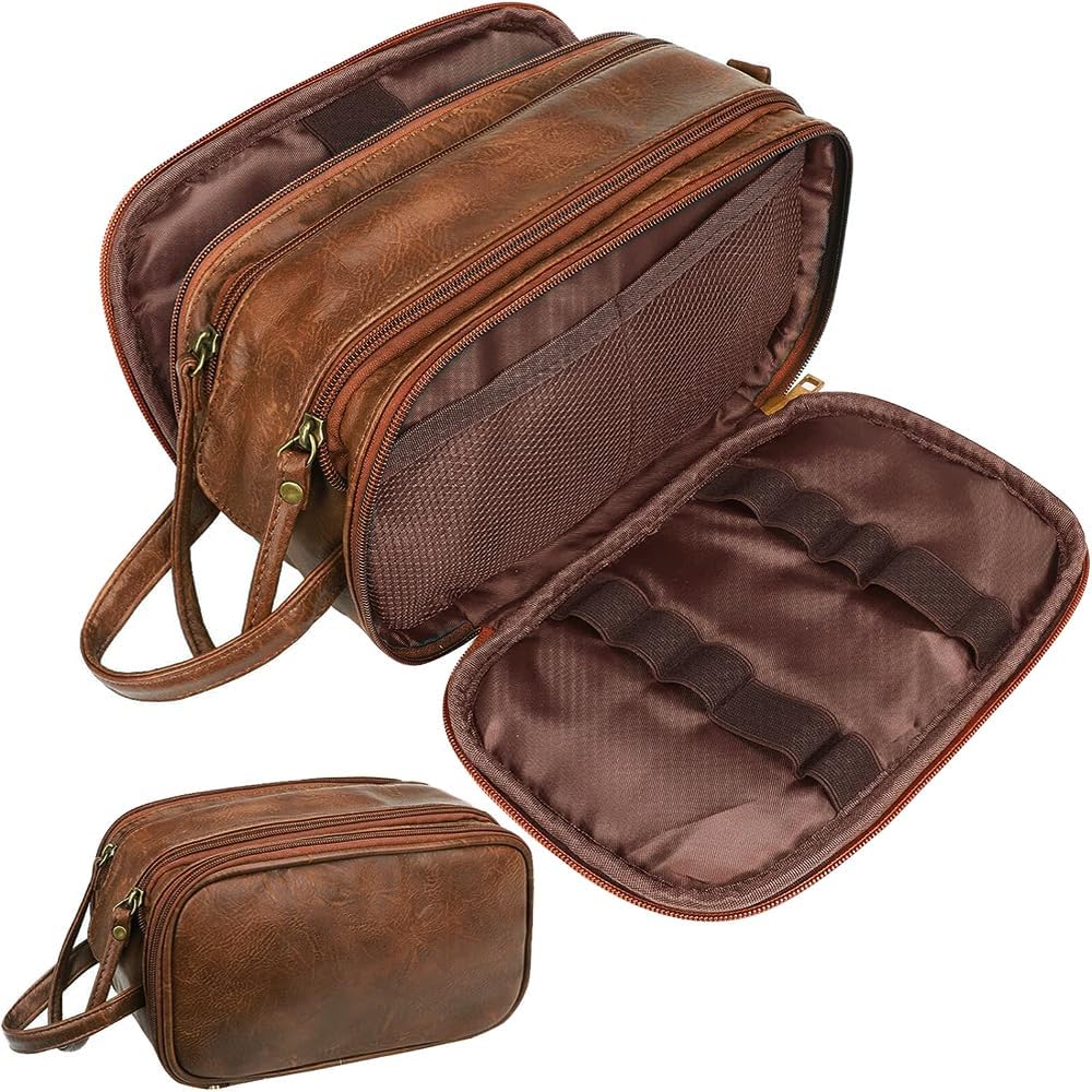 Angju Travel Toiletry Bag, Mens Leather Travel Organizer Kit with ...
