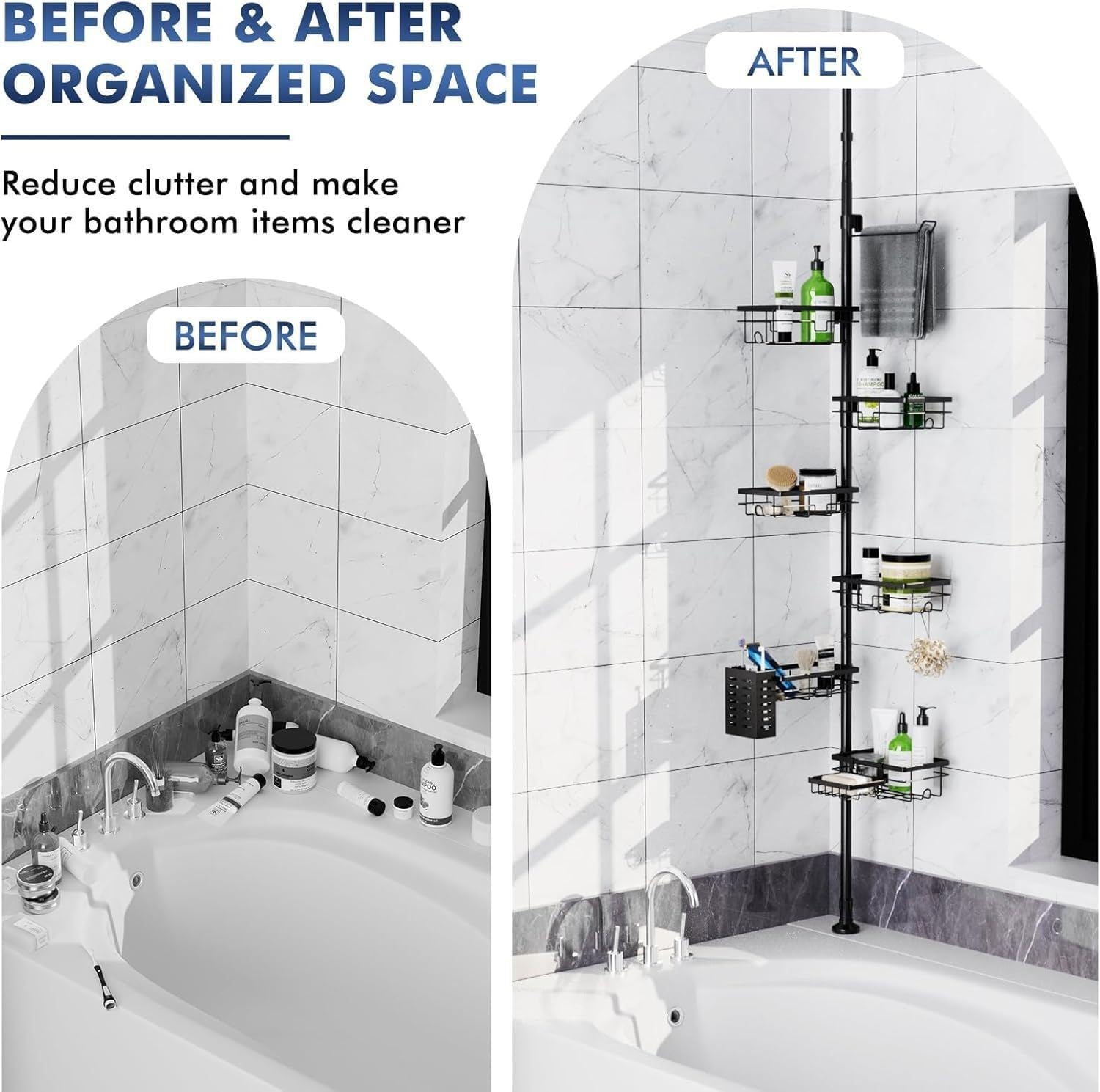 Corner Shower Caddy Tension Pole 6-Tier Bathroom Organizer with Towel Rack, Toothbrush Holder and Plastic Soap Box 30-120 Inch Adjustable Shower Rack for Inside Shower