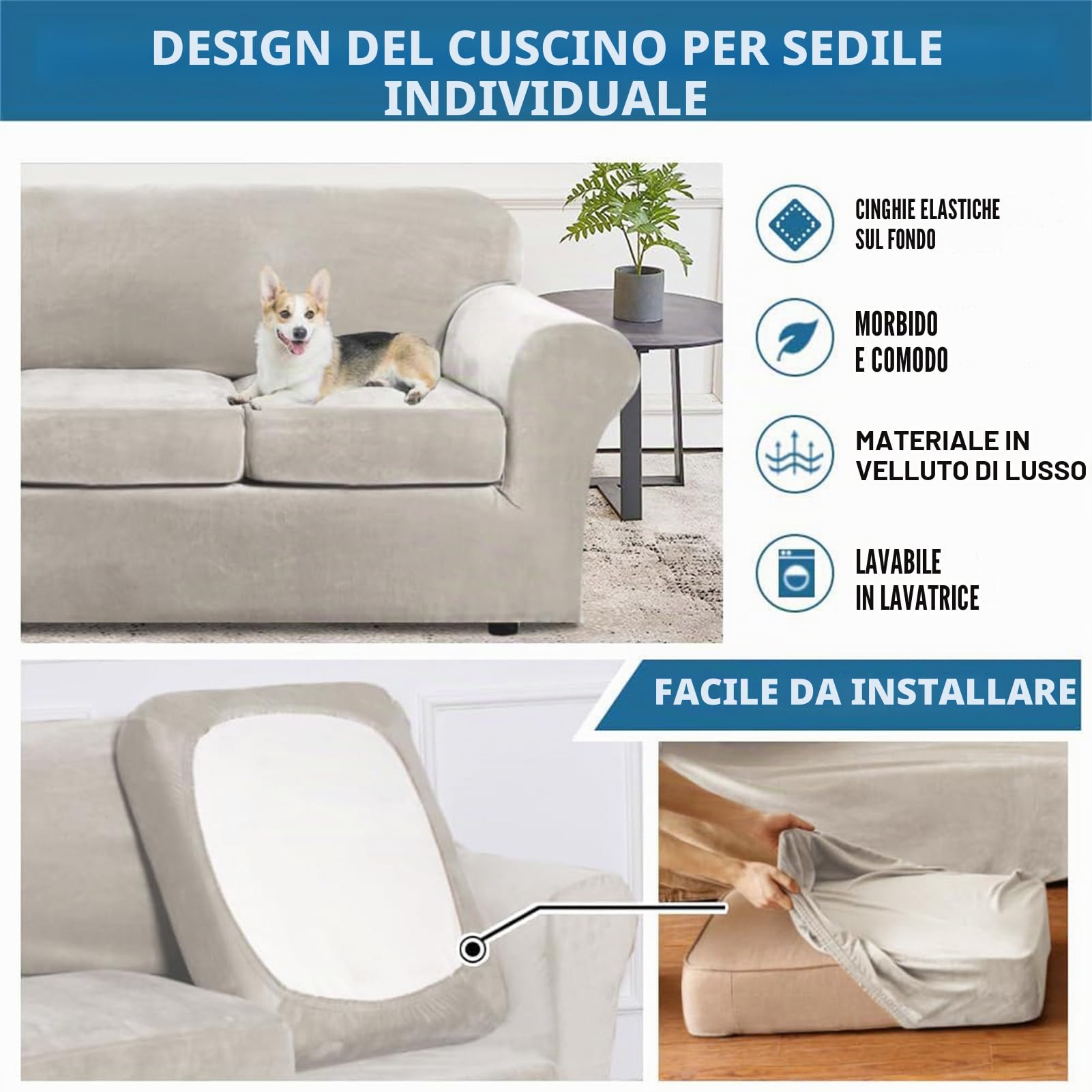 Copridivano in Velluto con Cuscini Separati - Coperture Elastiche Ultra Morbide, Protezione Anti Graffio per Animali e Bambini, Fodere Eleganti per Divani (Porridge,3 Posti)