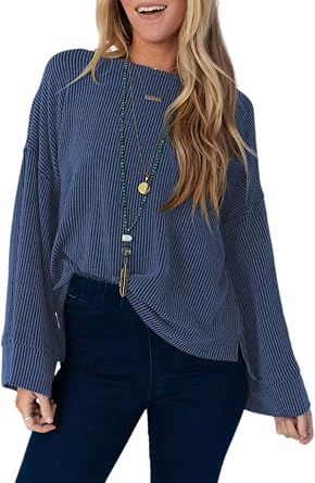 Halfword Womens Oversized Long Sleeve Crew Neck Ribbed Tops Loose Fit Solid Color T Shirts