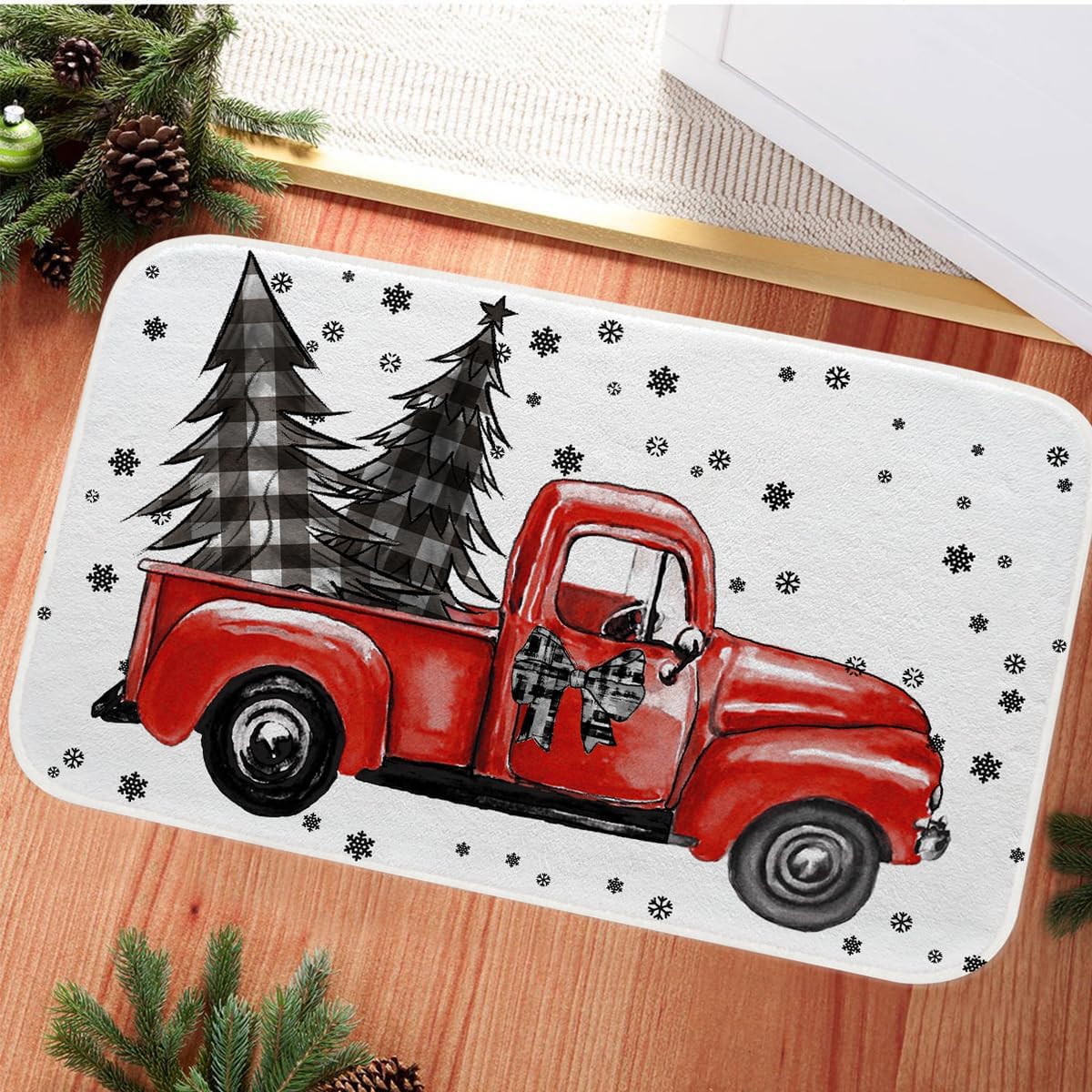 Fukeen Merry Christmas Tree Bathroom Rugs Red Black Buffalo Plaid Truck Snowflake Bath Mat Non-Slip 20x32 Inch Bath Rug Soft Plush Floor Mats Winter Holiday Decor for Bathroom Tub Shower Kitchen
