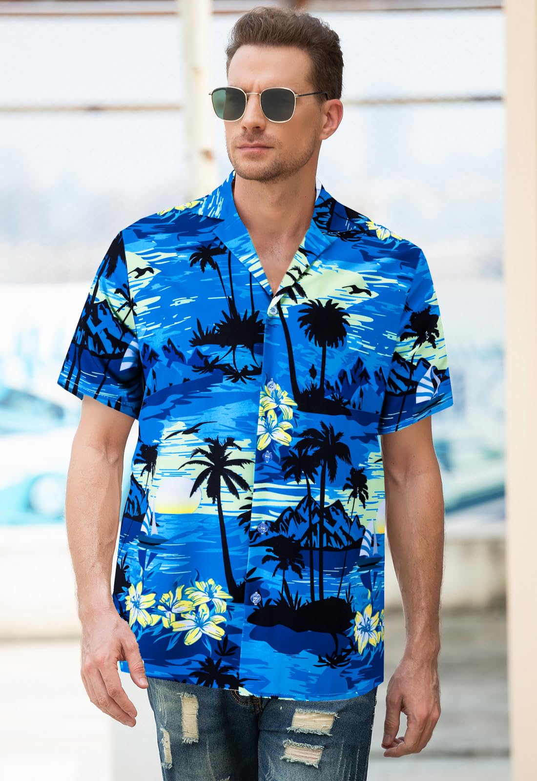 Cromoncent Camicia hawaiana per ragazzo e uomo, a maniche corte, colletto cubano, tropicale, estate, spiaggia, Blu reale hawaiano, XL