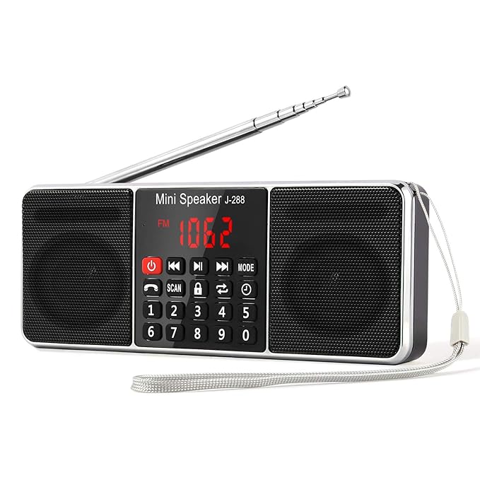 PRUNUS J-288 Portable AM FM Radio with Bluetooth Speaker, Sleep Timer, Power-Saving Display, Ultra-Long Antenna, AUX Input & USB Disk & TF Card MP3 Player（Black）
