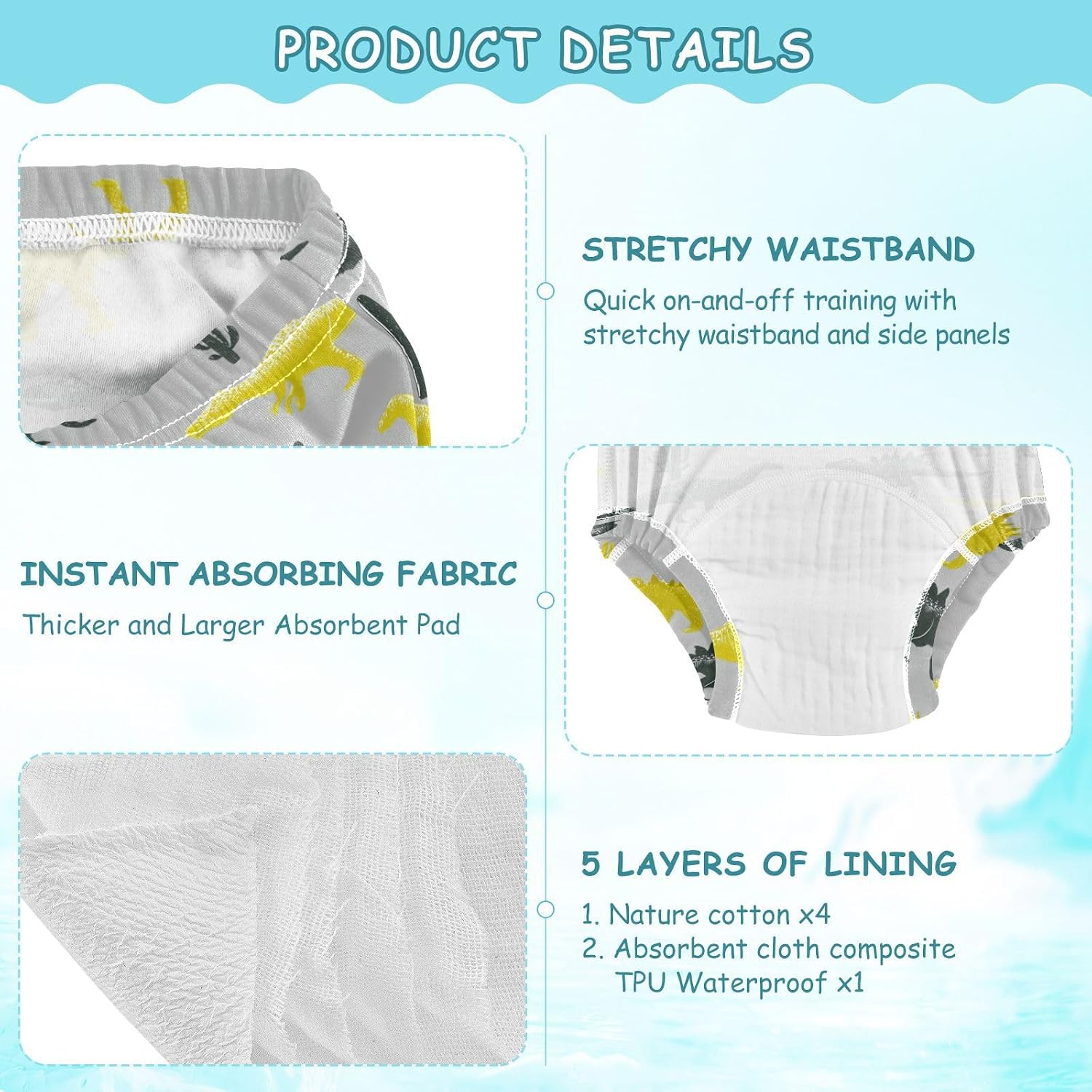 Little Boys Potty Training Panties Reusable Ceratosaurus Cactus Gray Yellow Overnight Training Pants Breathable