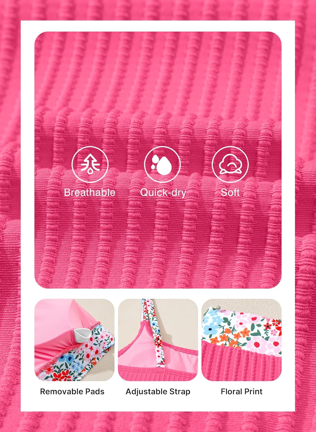 Herseas Women's Textured Bikini Sets Floral Print Trim Scoop Neck Swimsuits High Waisted Bathing Suits - Image 5