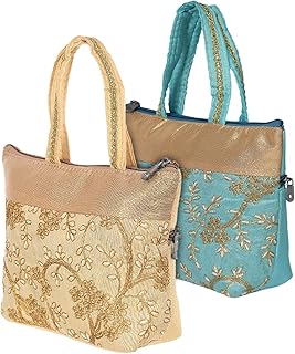kuber industries Polyester Embroidery Design Hand Bag For Women/Girls With Handle Pack of 2 (Cream & Blue) 54KM4032-picture-34