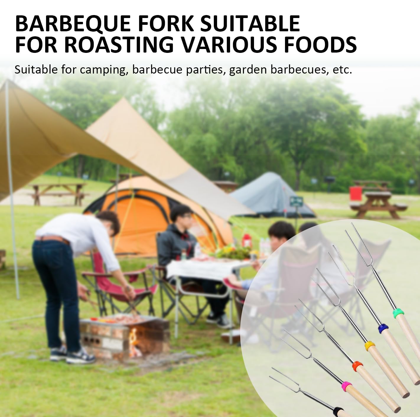 6 fourchettes à barbecue, 1 brosse à huile rose, brochettes télescopiques, barres en acier inoxydable, barres de barbecue, baguettes de barbecue rétractables, baguettes de barbecue à guimauve,