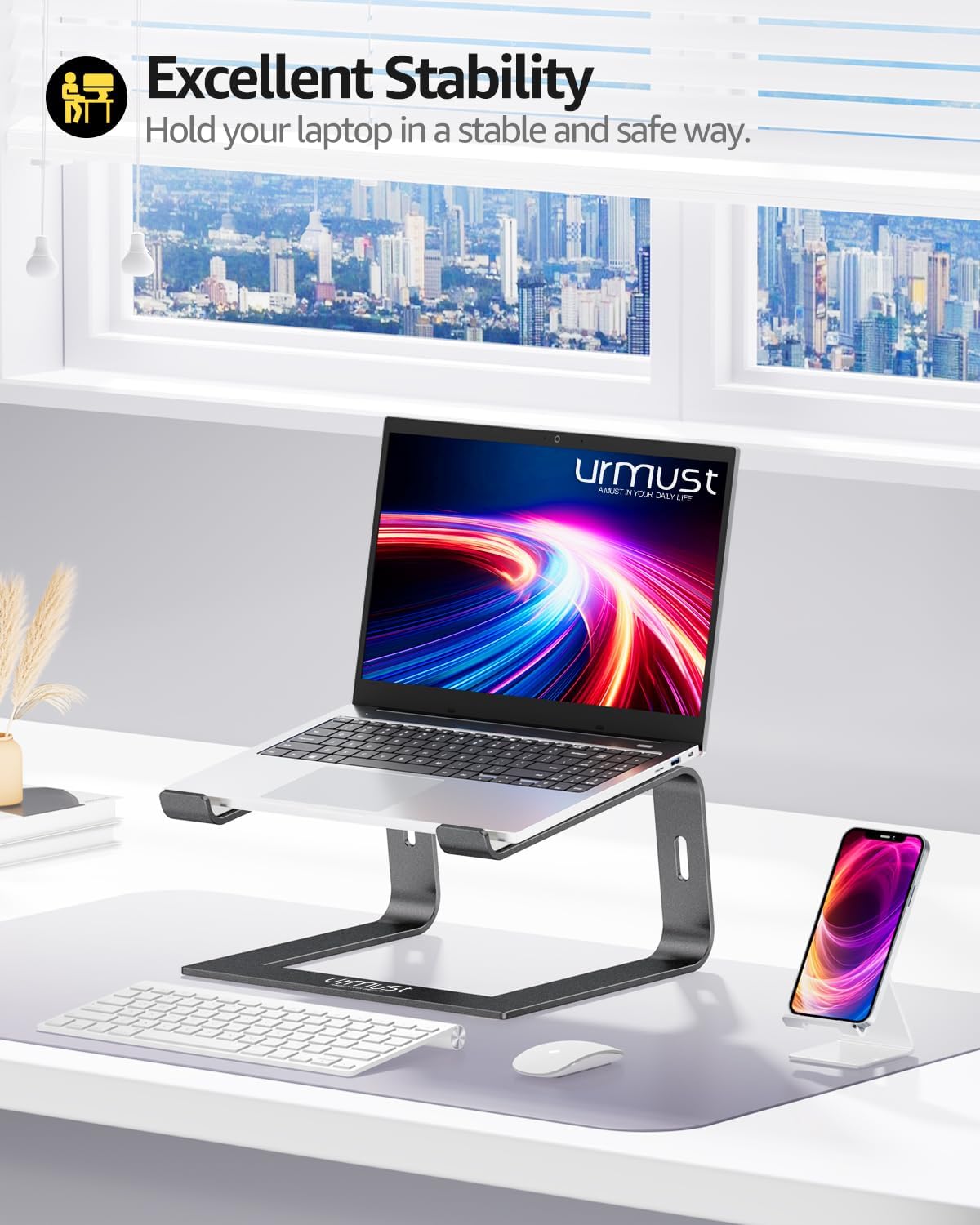 Urmust Laptop Stand for Desk Aluminum Computer Stand Riser Holder for Laptop Compatible with MacBook Air Pro, Dell, HP, Lenovo Samsung, Alienware All Laptops 11-15.6"(Black)