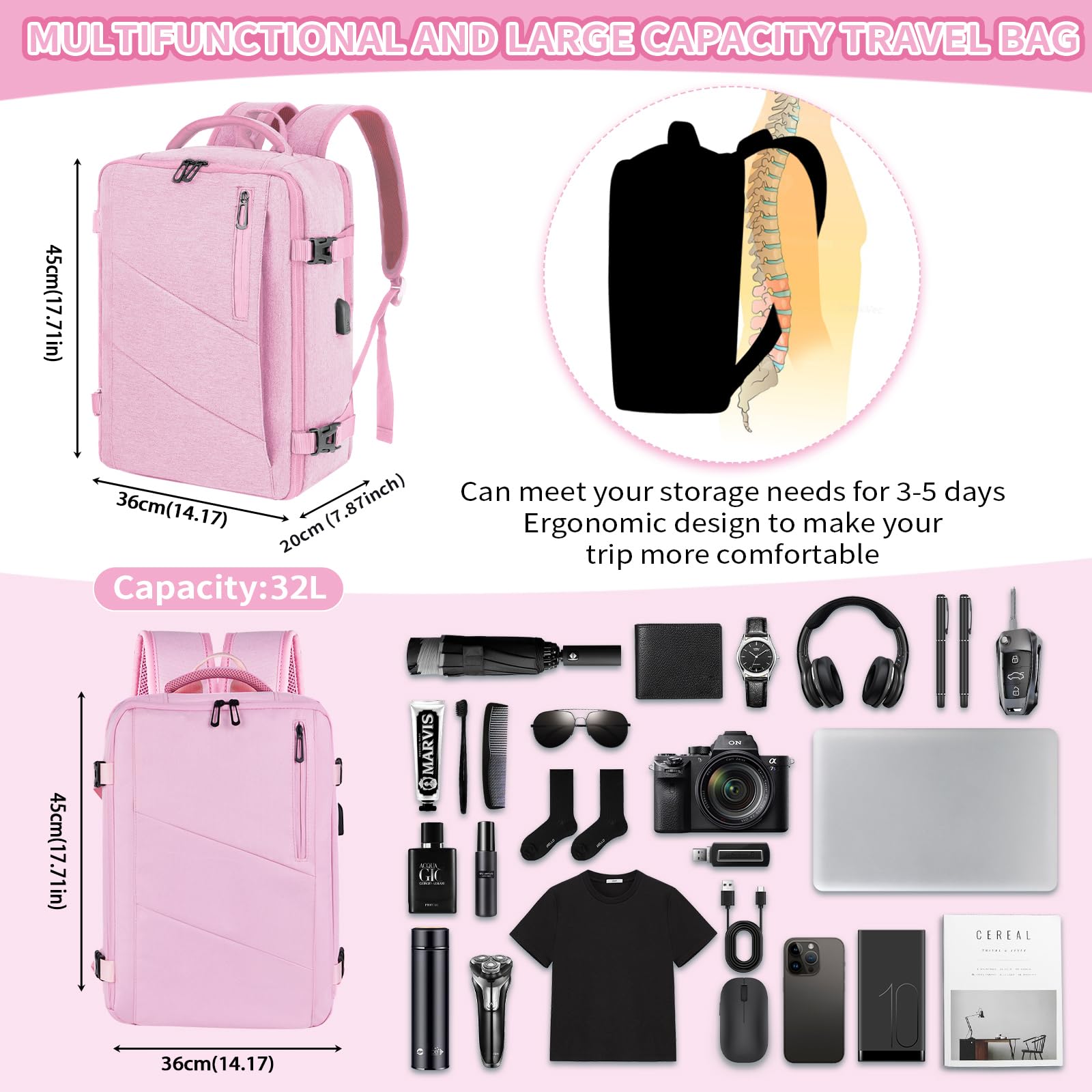 VOESLD Zaino 45x36x20 per Easyjet, Zaino da Viaggio Aereo Bagaglio a Mano Rosa Donna Impermeabile Zaino Bagaglio a Mano per Tutte le Principali Compagnie Aeree, con Porta USB 32L