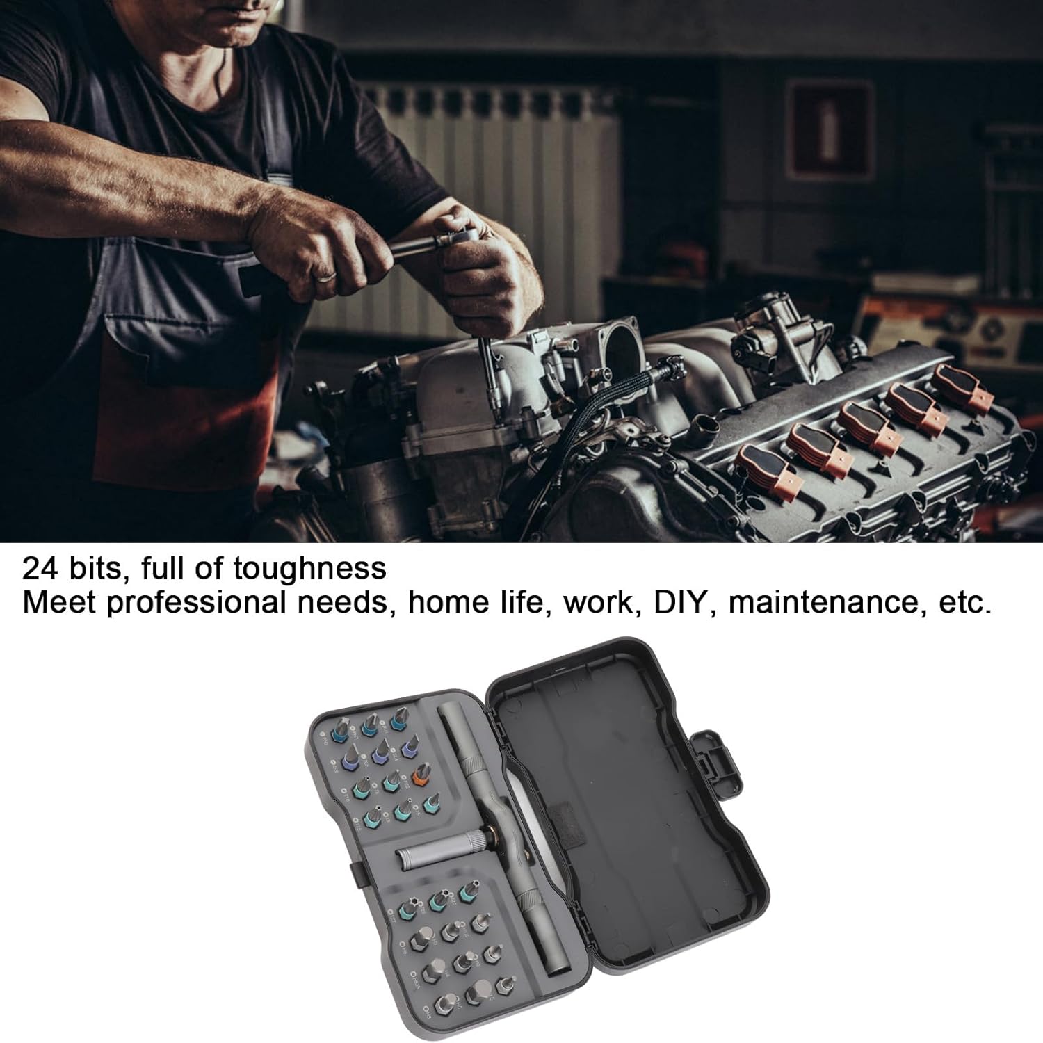 24-in-1 Ratchet Bit Set, Multi purpose Handle with S2 Alloy Bits, Labor saving Design for Professional Needs, Home Life, Work, Maintenance, 92.5 x 160 x 36mm