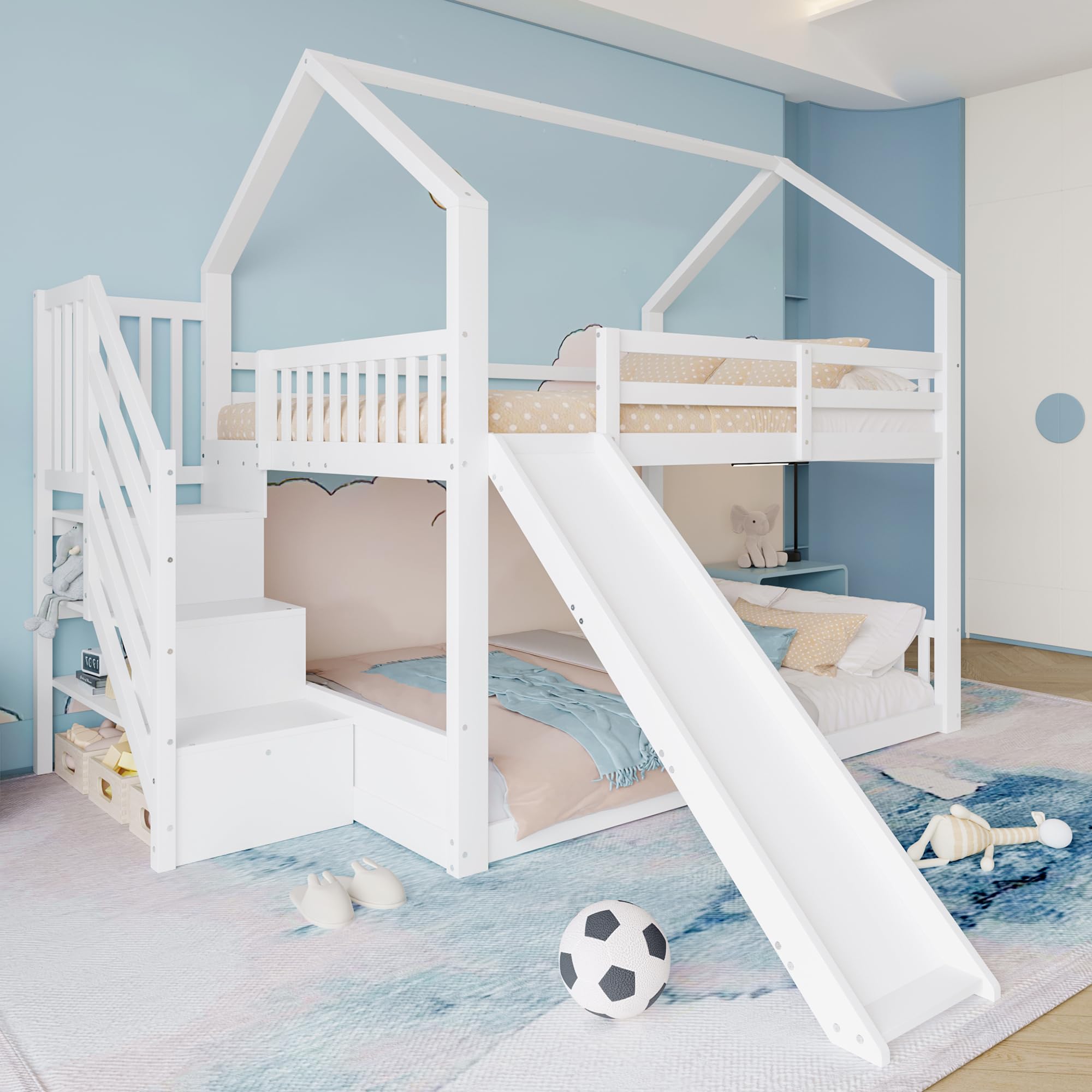 Azkoeesy Letto a Castello con Scivolo e Scaletta 140x200 cm, Design a Forma di Casetta, con Mensole, Sponda e Doghe, Legno di Pino Bianco, Ideale per Bambini e Ragazzi
