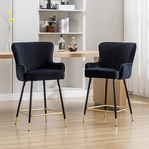 Juego de 2 taburetes de bar de altura de mostrador de 26 pulgadas, taburetes de bar tapizados de terciopelo dorado con respaldo de ala, taburetes de