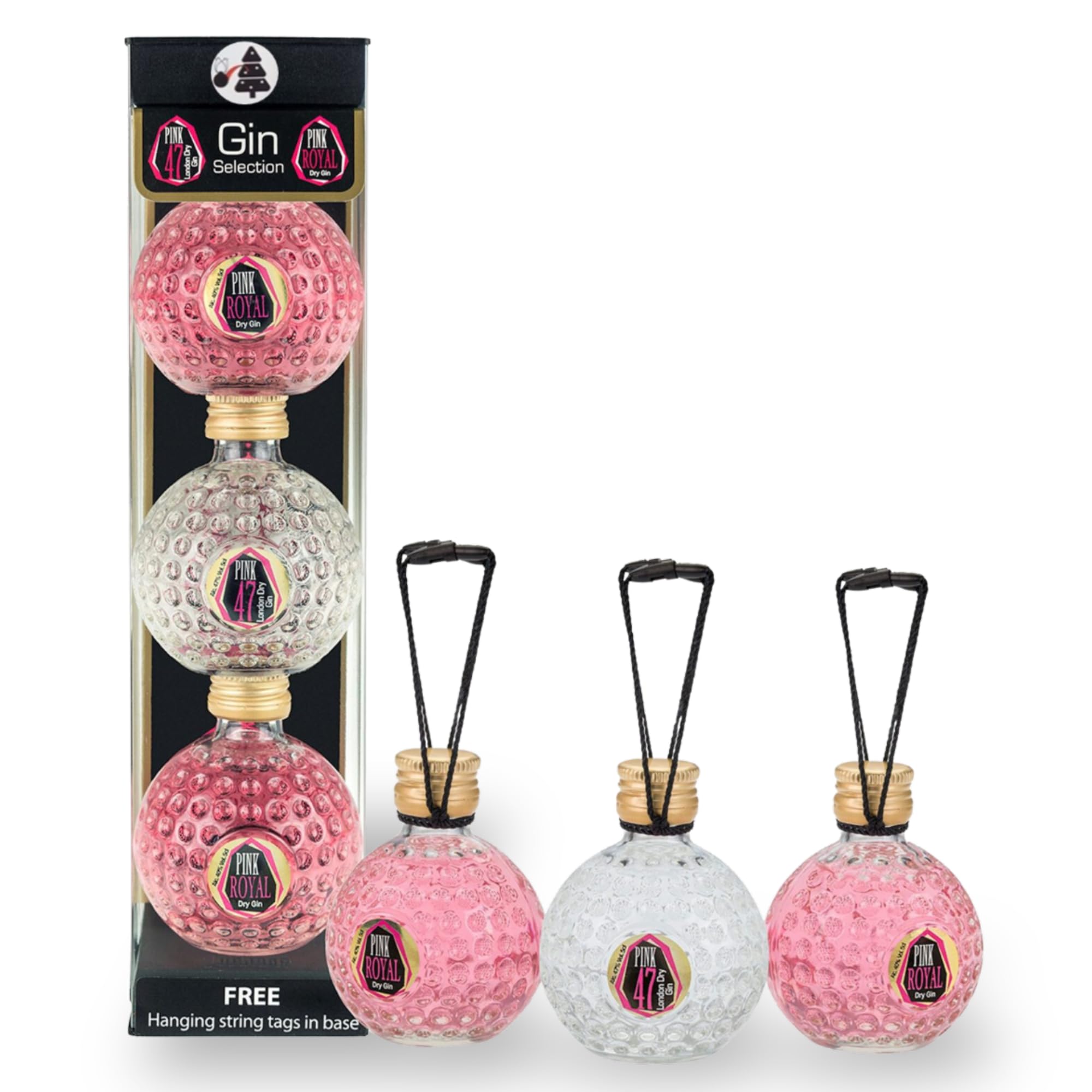 Diamond Spirits Set Of 3 Gin Filled Christmas Baubles. Pink Royal 40% ABV & Pink 47 Gin Miniatures 47% ABV. Hanging Mini Gin Bottles, London Dry Gin & Pink Gin Gift Set.