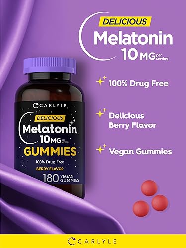 Miniatura 4 de Carlyle - Gomitas de melatonina de 10 mg  180 unidades  Ayuda sin medicamentos para adultos  Sabor natural a bayas  Veganas sin OMG sin gluten